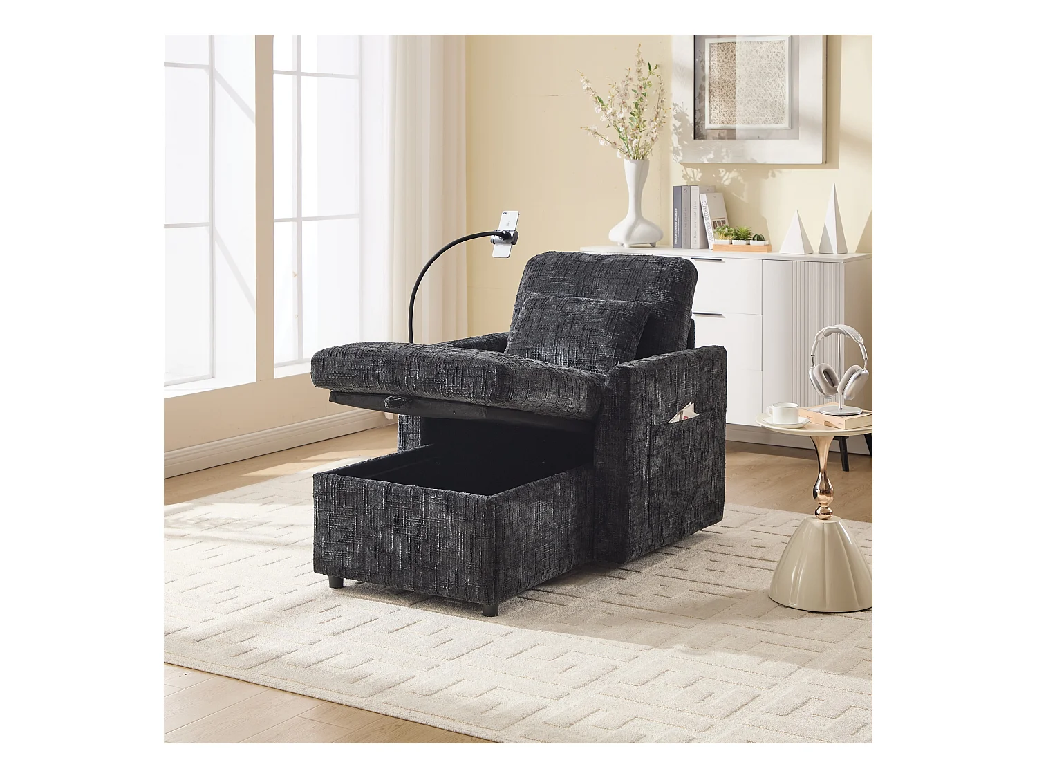 Canapé simple avec rangement, poches latérales et support pour téléphone - Chenille noire