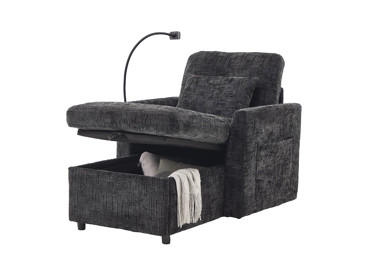 Canapé simple avec rangement, poches latérales et support pour téléphone - Chenille noire