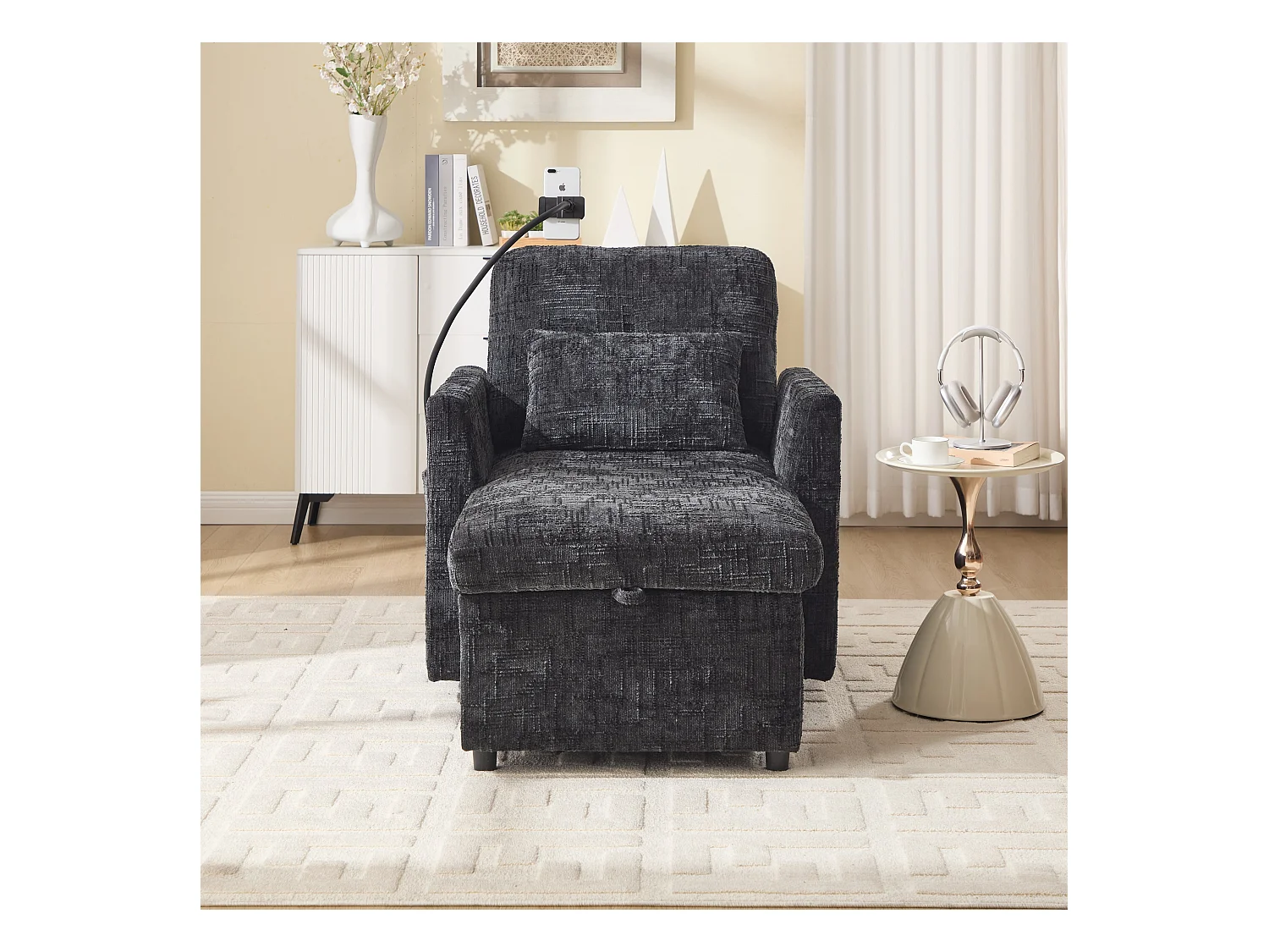 Einzel-Loungesofa mit Stauraum, Seitentaschen und Handyhalter - Chenille schwarz