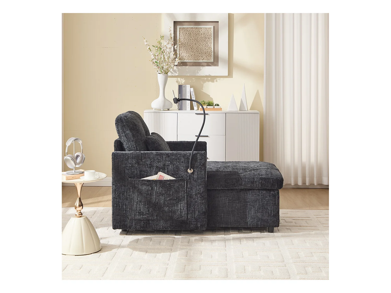 Einzel-Loungesofa mit Stauraum, Seitentaschen und Handyhalter - Chenille schwarz