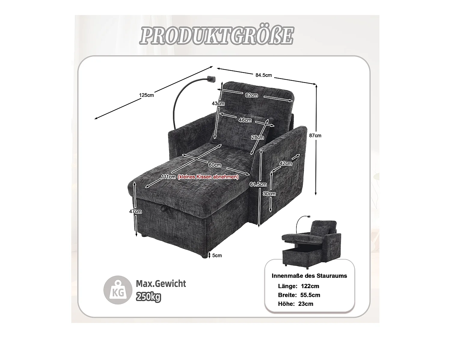 Einzel-Loungesofa mit Stauraum, Seitentaschen und Handyhalter - Chenille schwarz