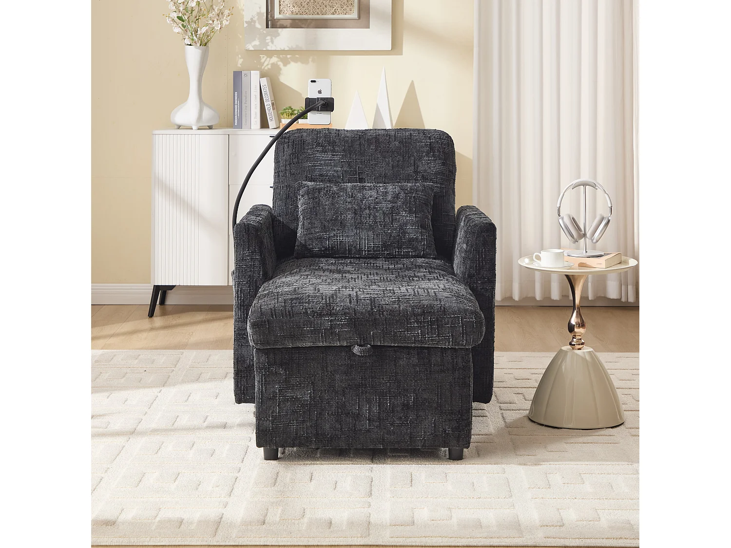 Einzel-Loungesofa mit Stauraum, Seitentaschen und Handyhalter - Chenille schwarz