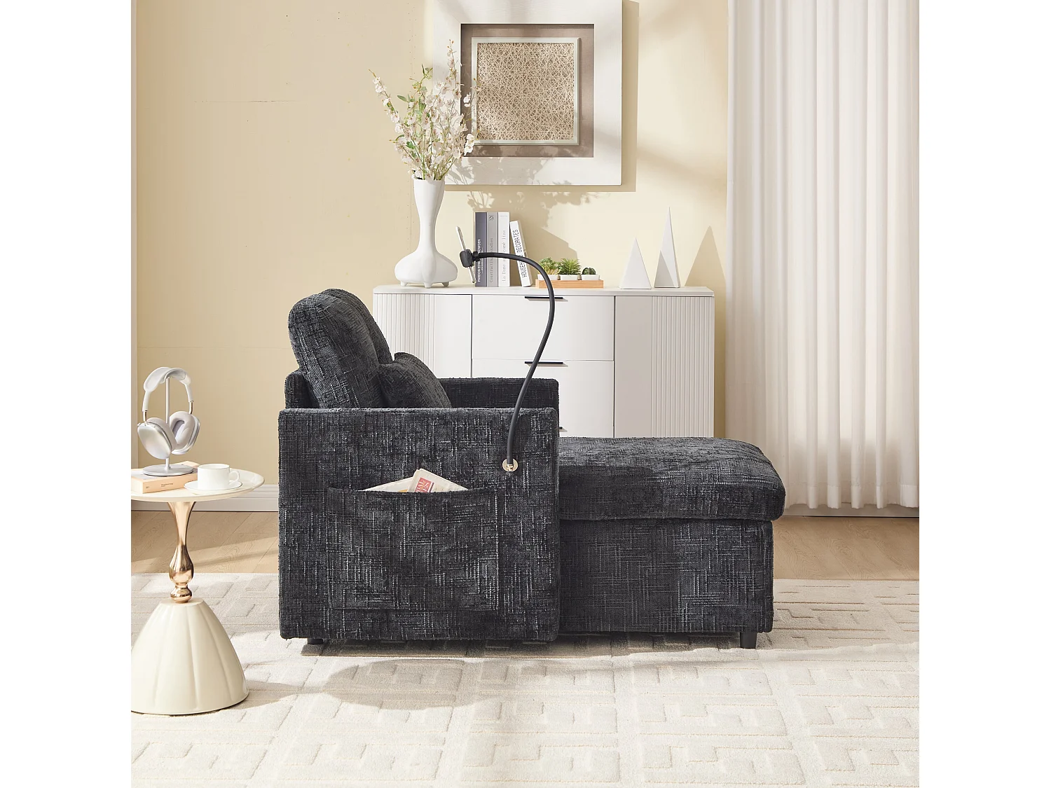 Einzel-Loungesofa mit Stauraum, Seitentaschen und Handyhalter - Chenille schwarz