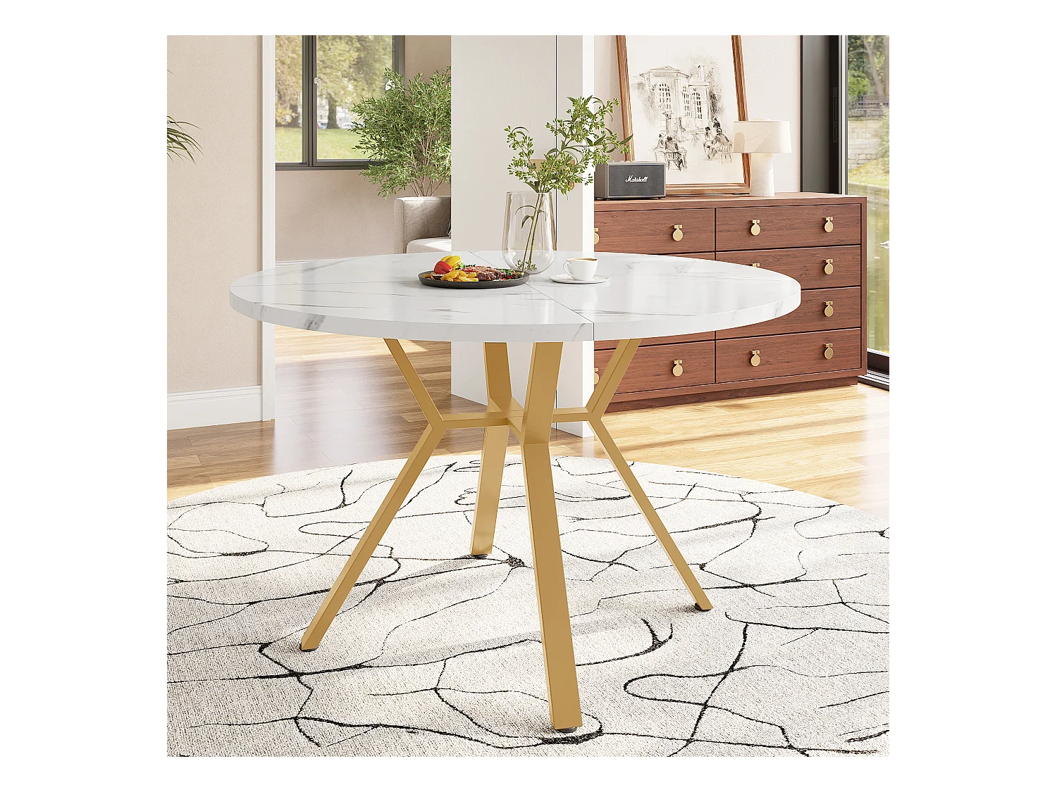 Table à manger ronde avec plateau en MDF effet marbre et pieds en métal doré - pour salles à manger et salon