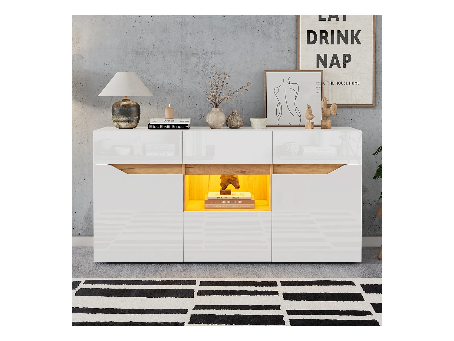 Buffet LED 2 portes et 4 tiroirs de rangement - Blanc et Bois Naturel