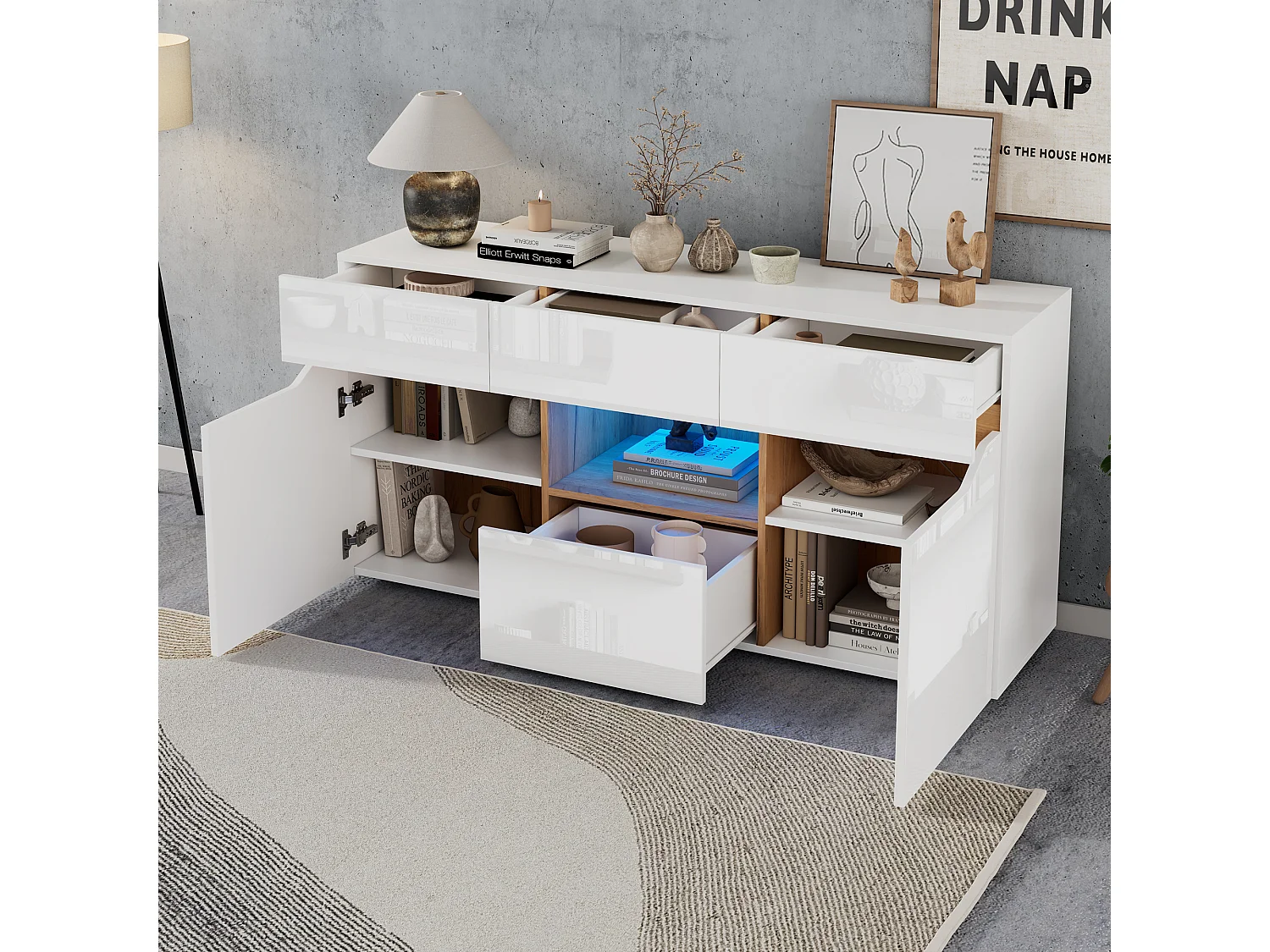 LED-dressoir met 2 deuren en 4 lades – Wit en natuurlijk hout