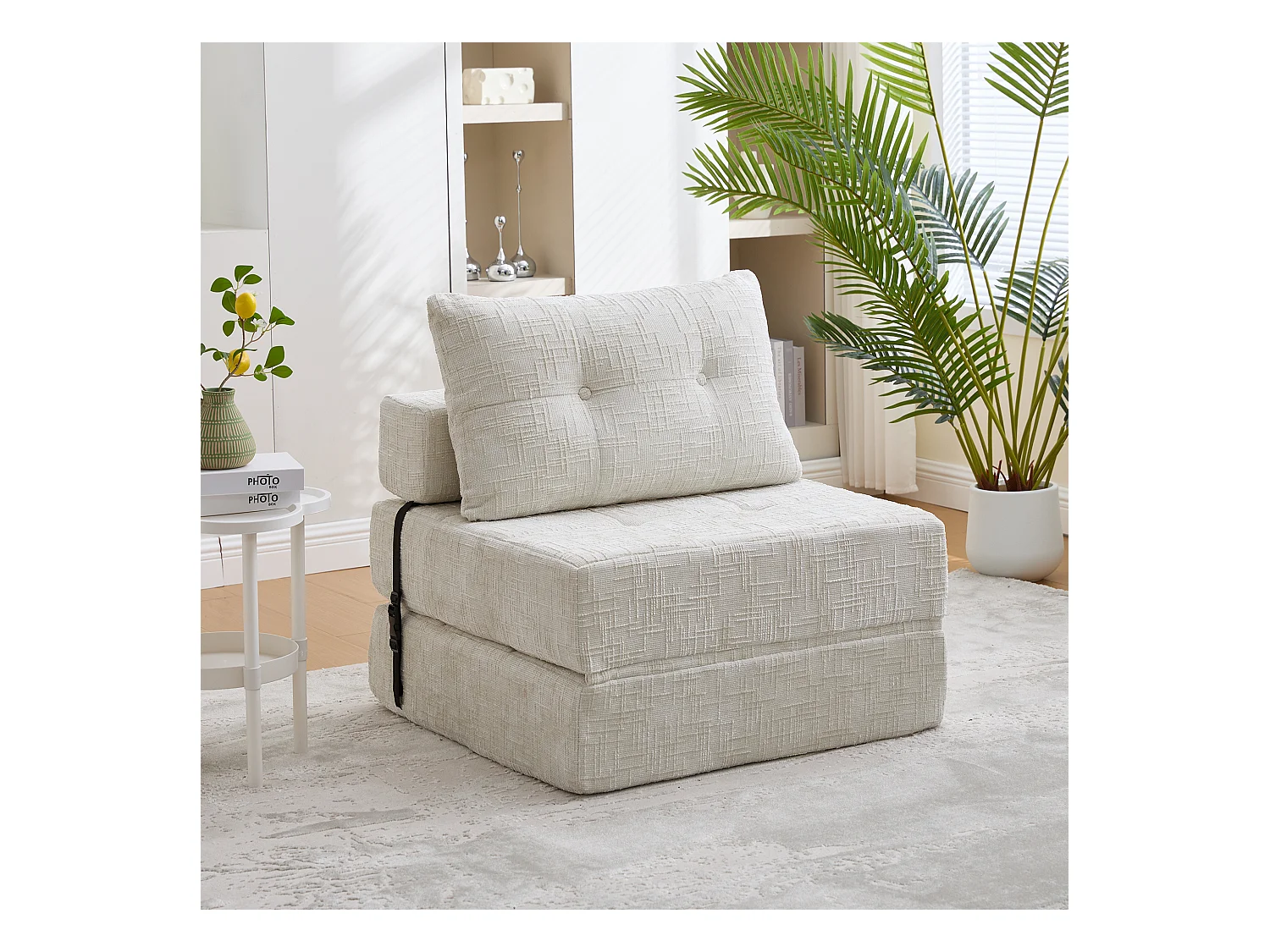 Canapé convertible avec coussins lombaires et appui-tête, chenille beige - pour salon et chambre