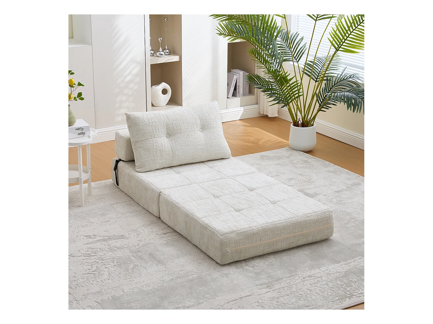 Canapé convertible avec coussins lombaires et appui-tête, chenille beige - pour salon et chambre