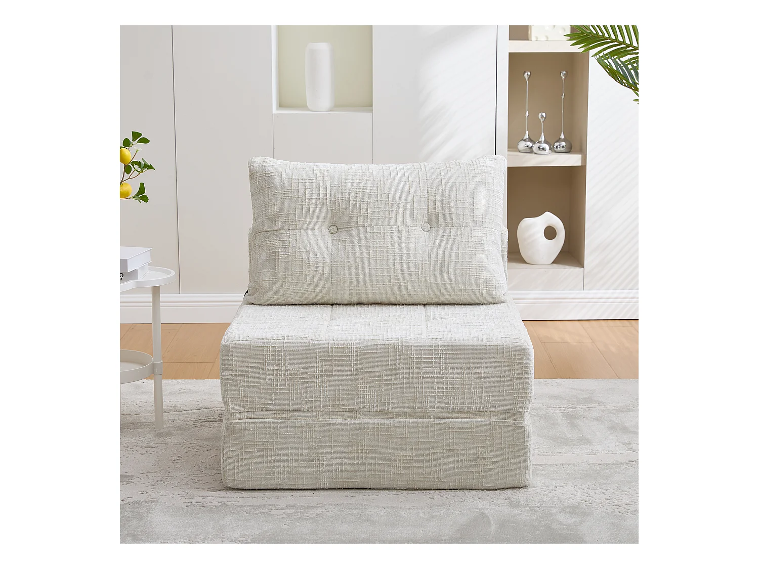 Canapé convertible avec coussins lombaires et appui-tête, chenille beige - pour salon et chambre