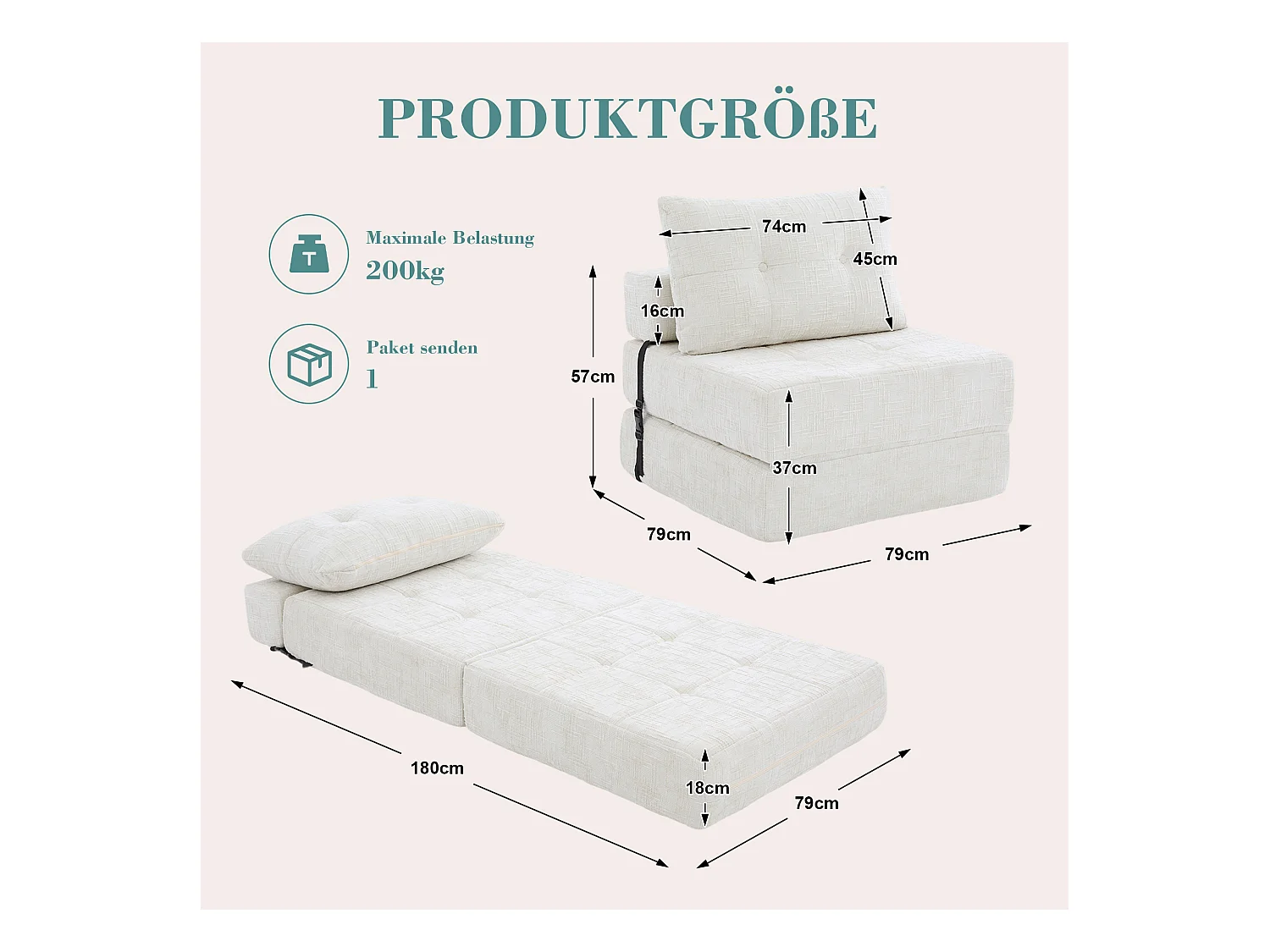 Canapé convertible avec coussins lombaires et appui-tête, chenille beige - pour salon et chambre