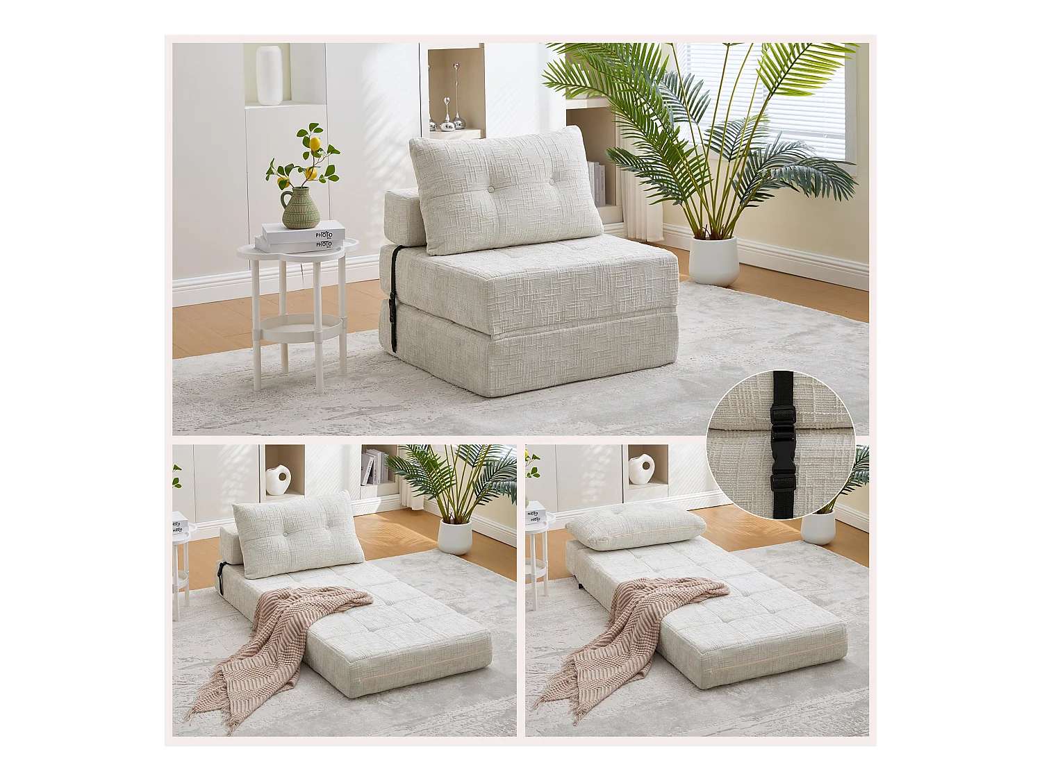 Canapé convertible avec coussins lombaires et appui-tête, chenille beige - pour salon et chambre