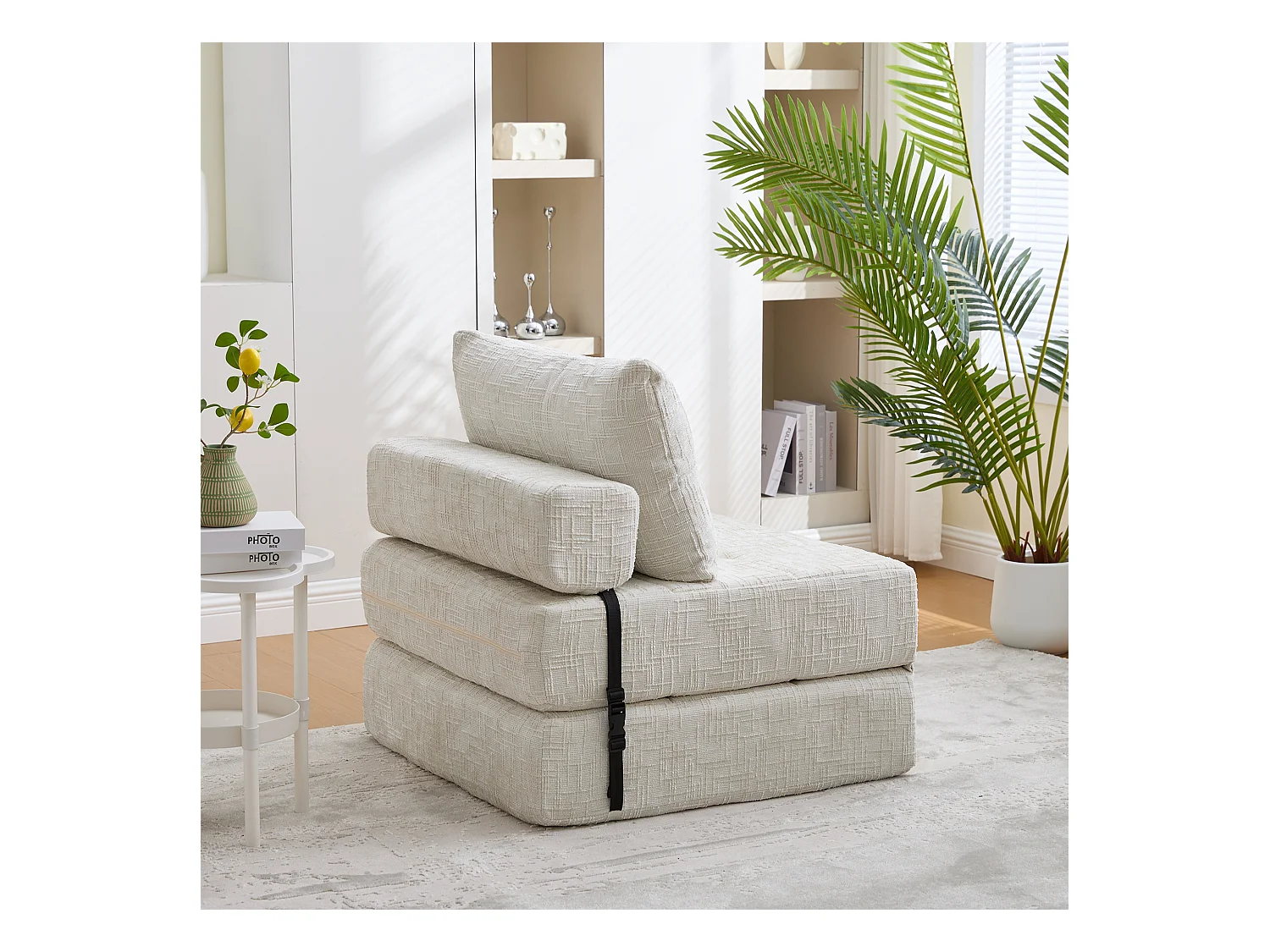 Canapé convertible avec coussins lombaires et appui-tête, chenille beige - pour salon et chambre