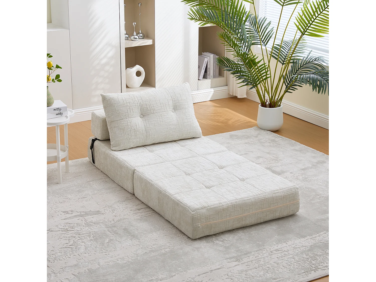 Canapé convertible avec coussins lombaires et appui-tête, chenille beige - pour salon et chambre