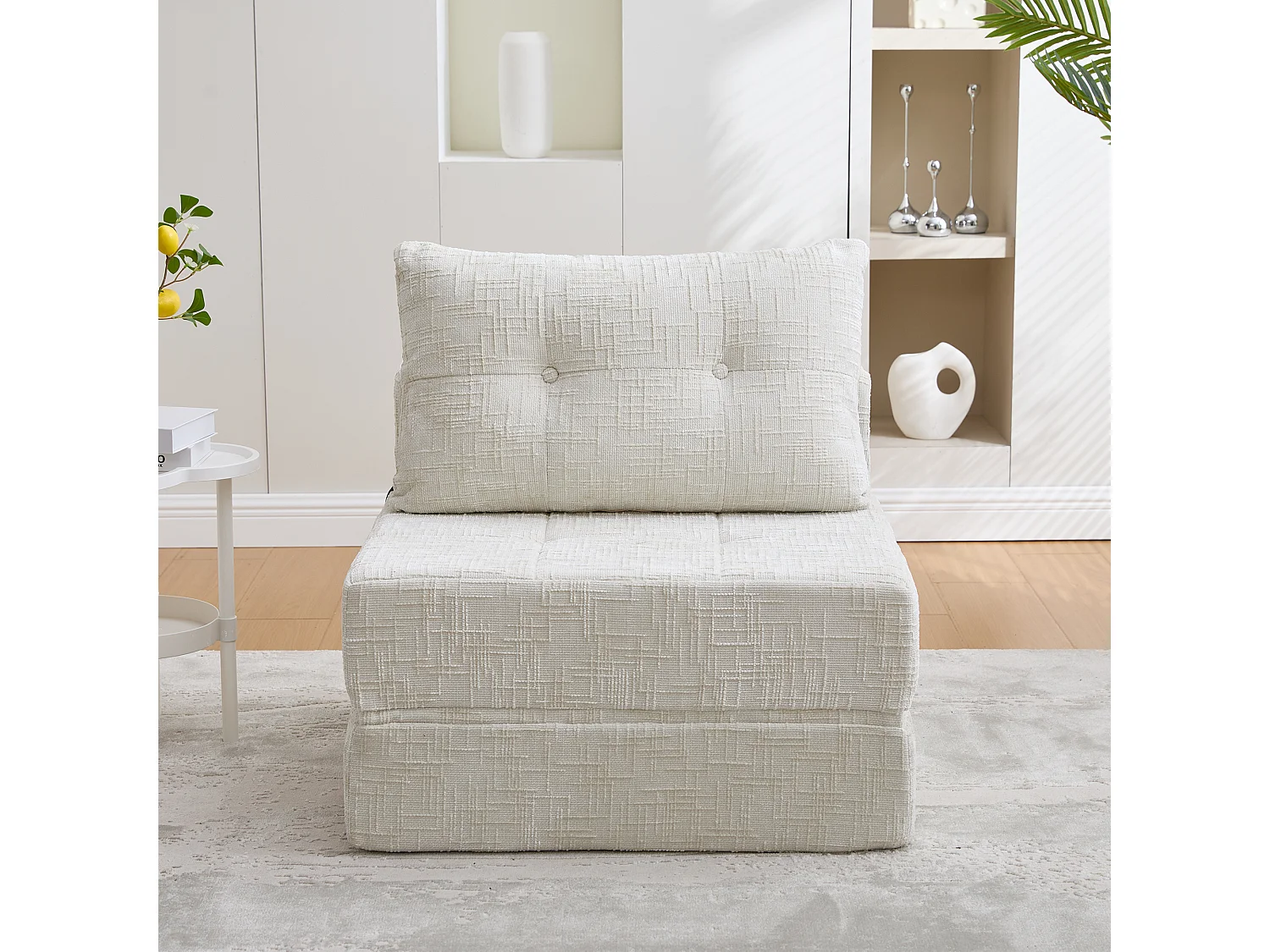 Canapé convertible avec coussins lombaires et appui-tête, chenille beige - pour salon et chambre
