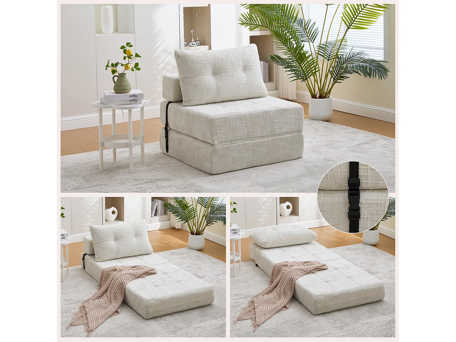Canapé convertible avec coussins lombaires et appui-tête, chenille beige - pour salon et chambre