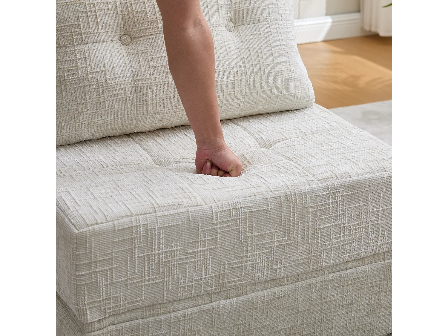 Canapé convertible avec coussins lombaires et appui-tête, chenille beige - pour salon et chambre