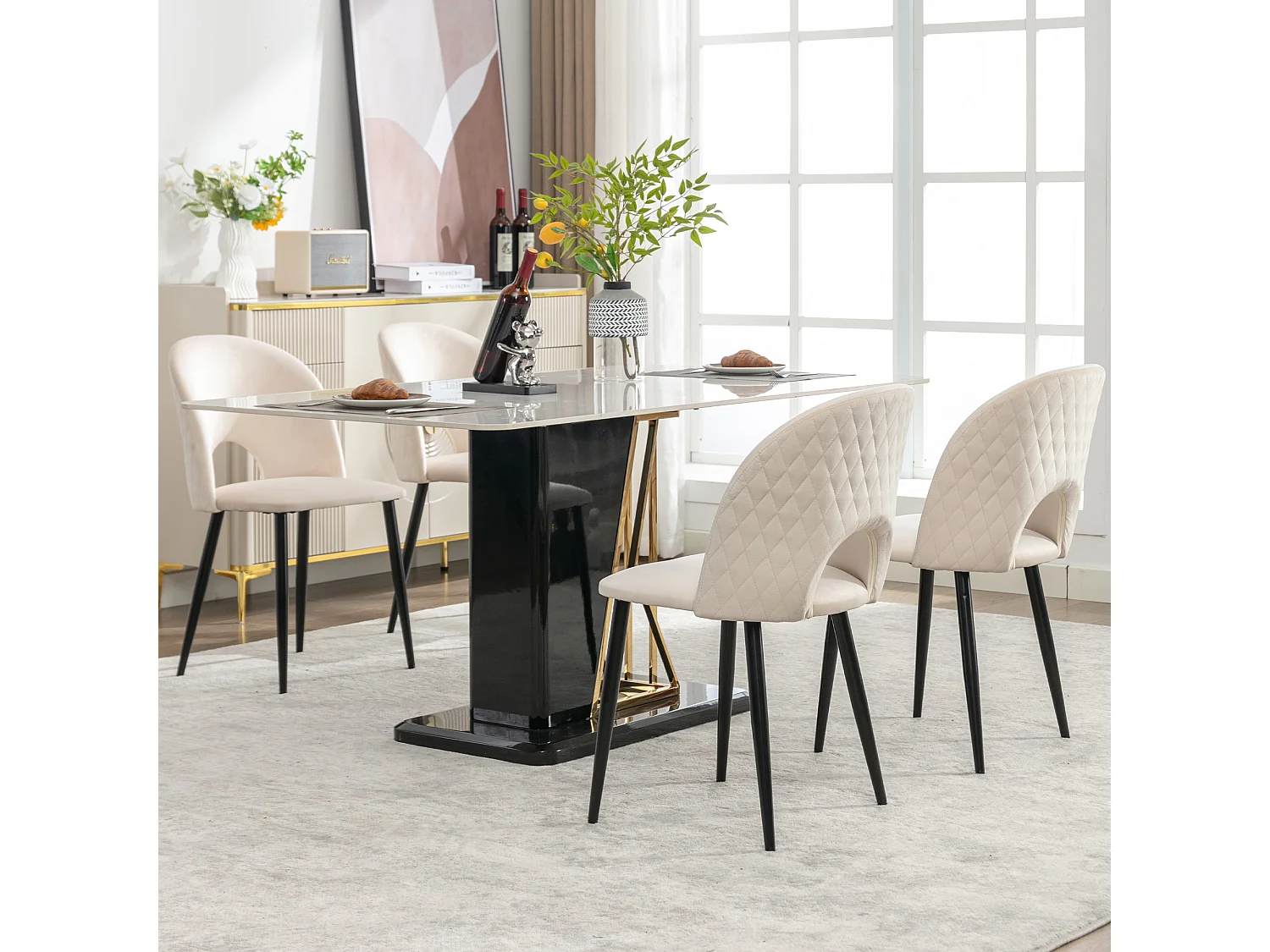 Lot de 4 chaises de salle à manger en velours beige avec dossier et pieds réglables