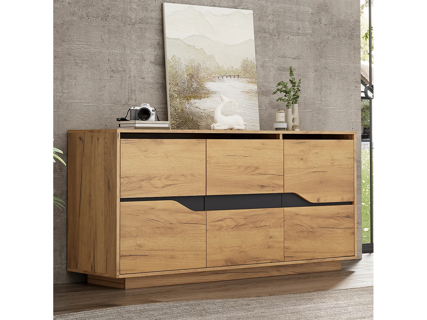 Buffet de salon avec 3 portes de rangement et étagères réglables - Bois naturel et noir