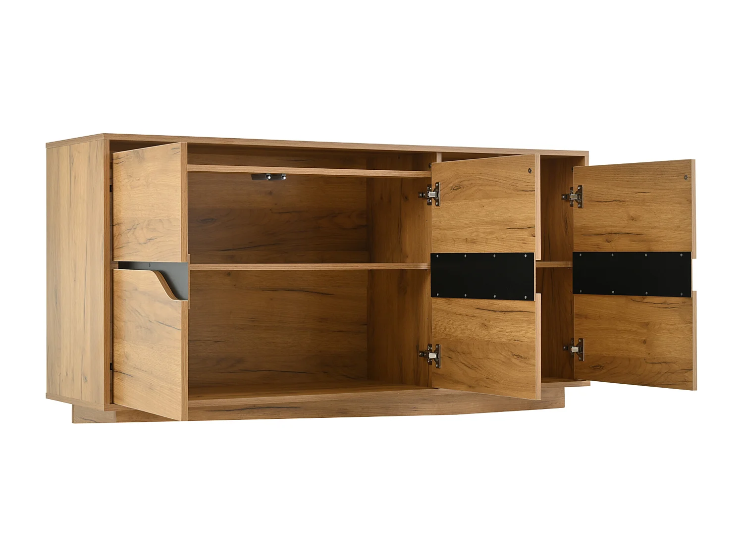 Buffet de salon avec 3 portes de rangement et étagères réglables - Bois naturel et noir