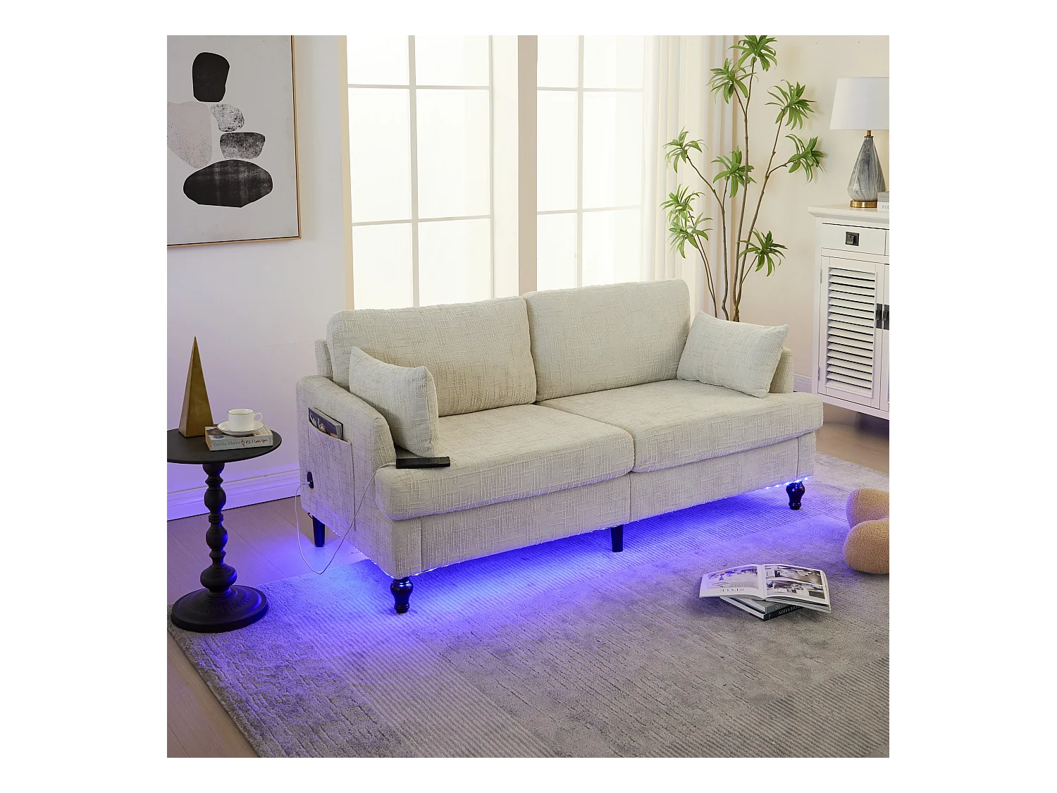 Canapé 2 places avec éclairage LED et port USB, pieds en bois - tissu chenille beige