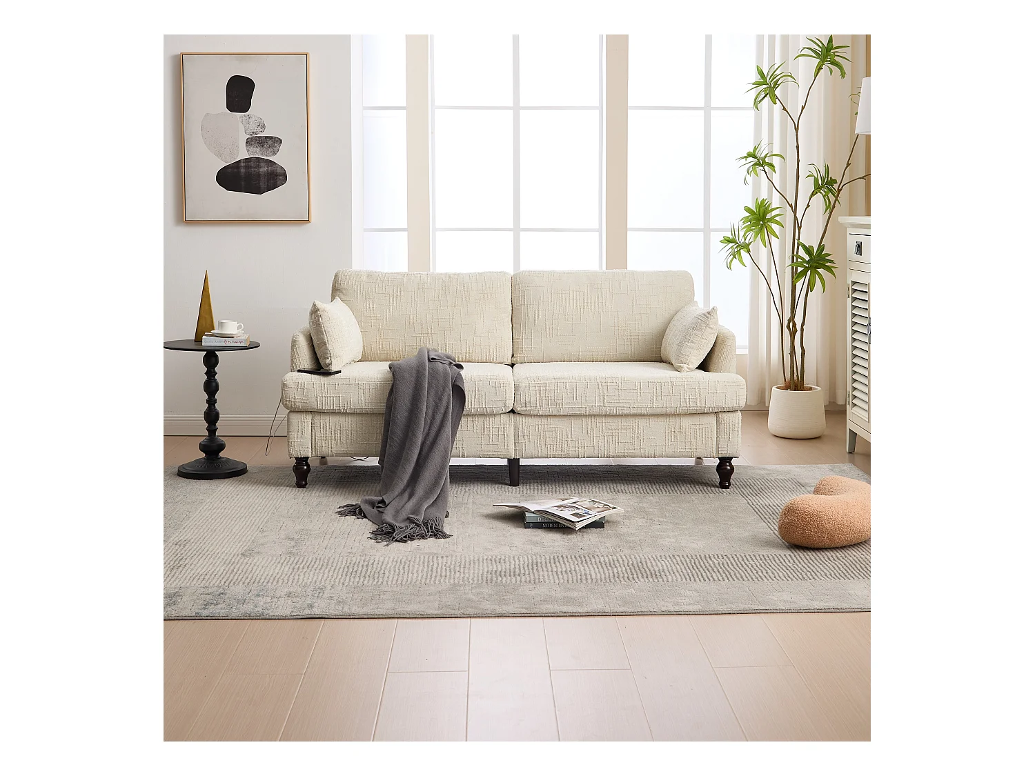 Canapé 2 places avec éclairage LED et port USB, pieds en bois - tissu chenille beige