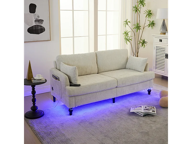 2-zitsbank met LED-verlichting en USB-poort, houten poten - beige chenillestof