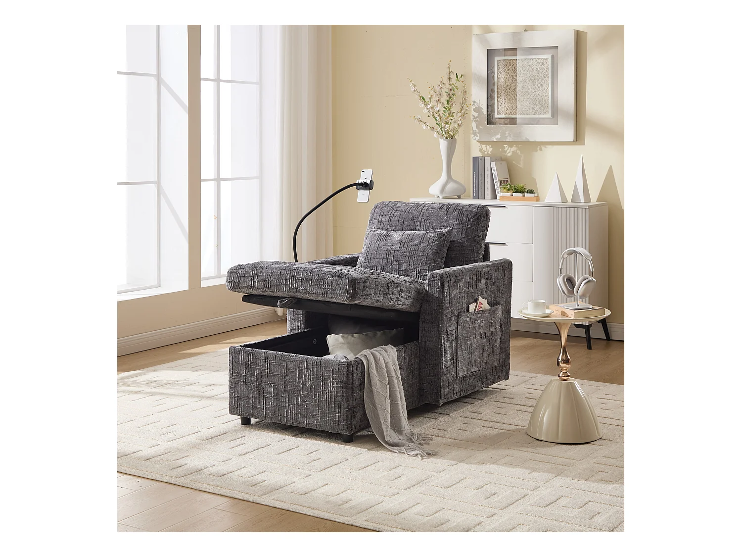 Canapé simple avec rangement, poches latérales et support pour téléphone - Chenille grise