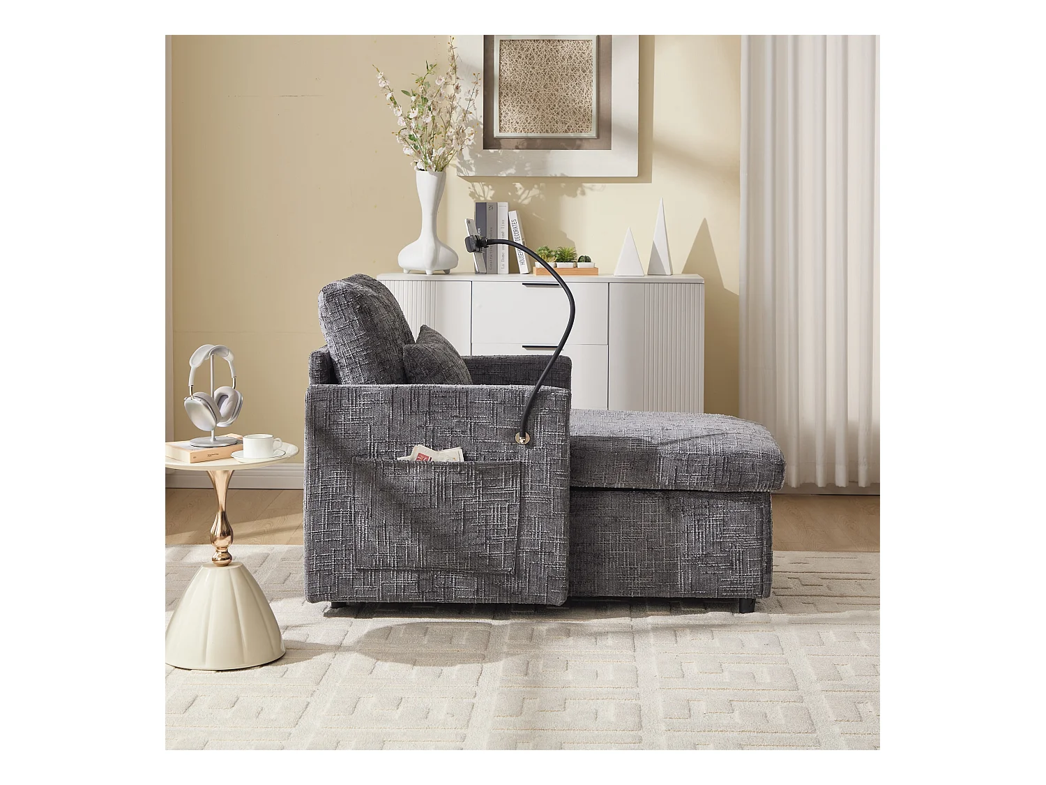 Canapé simple avec rangement, poches latérales et support pour téléphone - Chenille grise