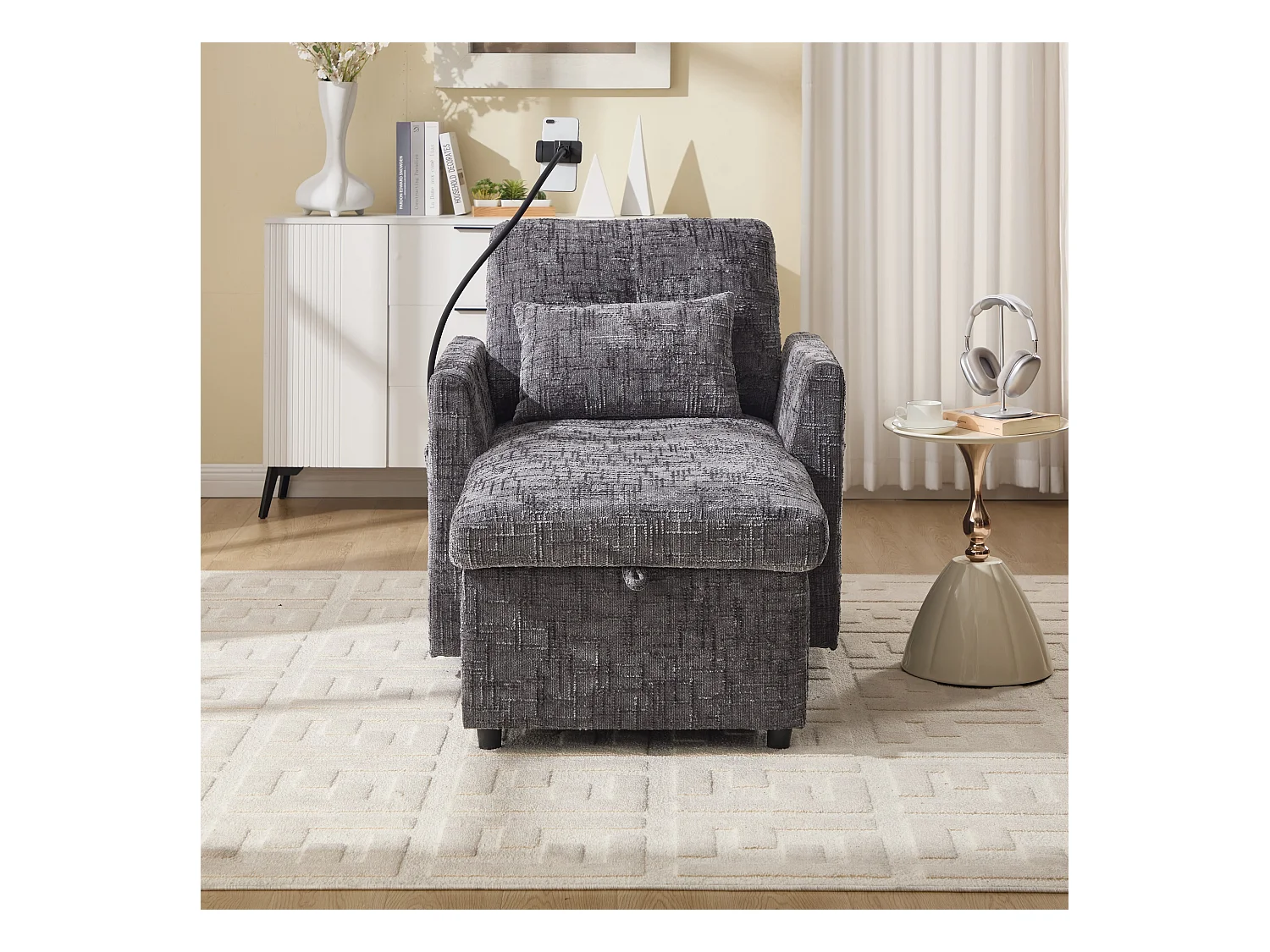 Einzel-Loungesofa mit Stauraum, Seitentaschen und Handyhalter - Chenille grau
