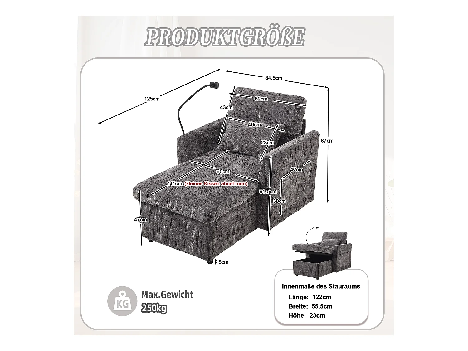 Einzel-Loungesofa mit Stauraum, Seitentaschen und Handyhalter - Chenille grau