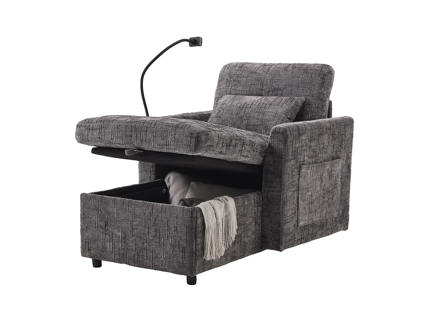 Einzel-Loungesofa mit Stauraum, Seitentaschen und Handyhalter - Chenille grau