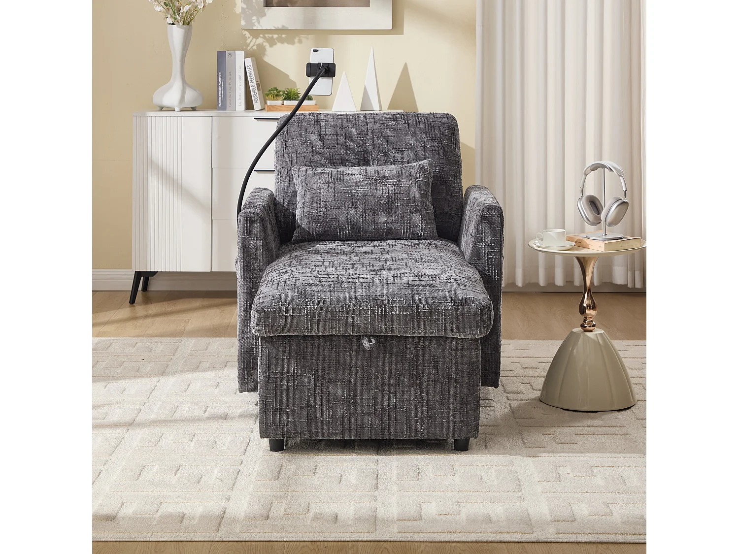 Canapé simple avec rangement, poches latérales et support pour téléphone - Chenille grise