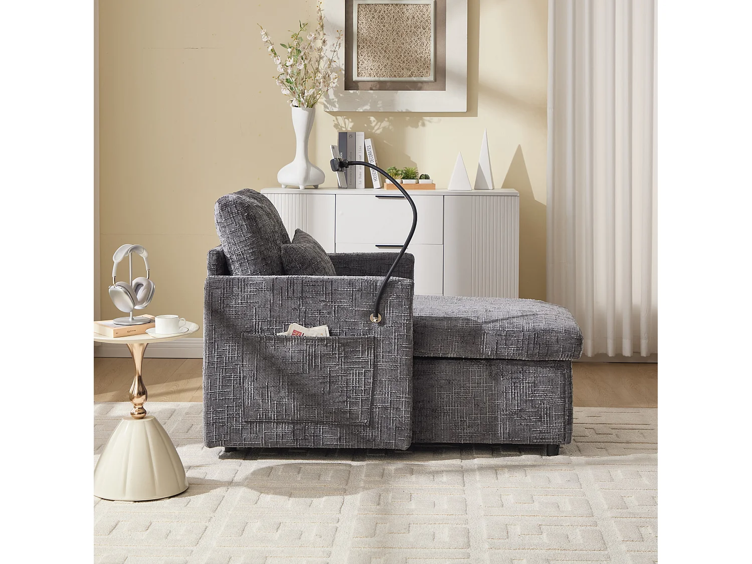 Canapé simple avec rangement, poches latérales et support pour téléphone - Chenille grise