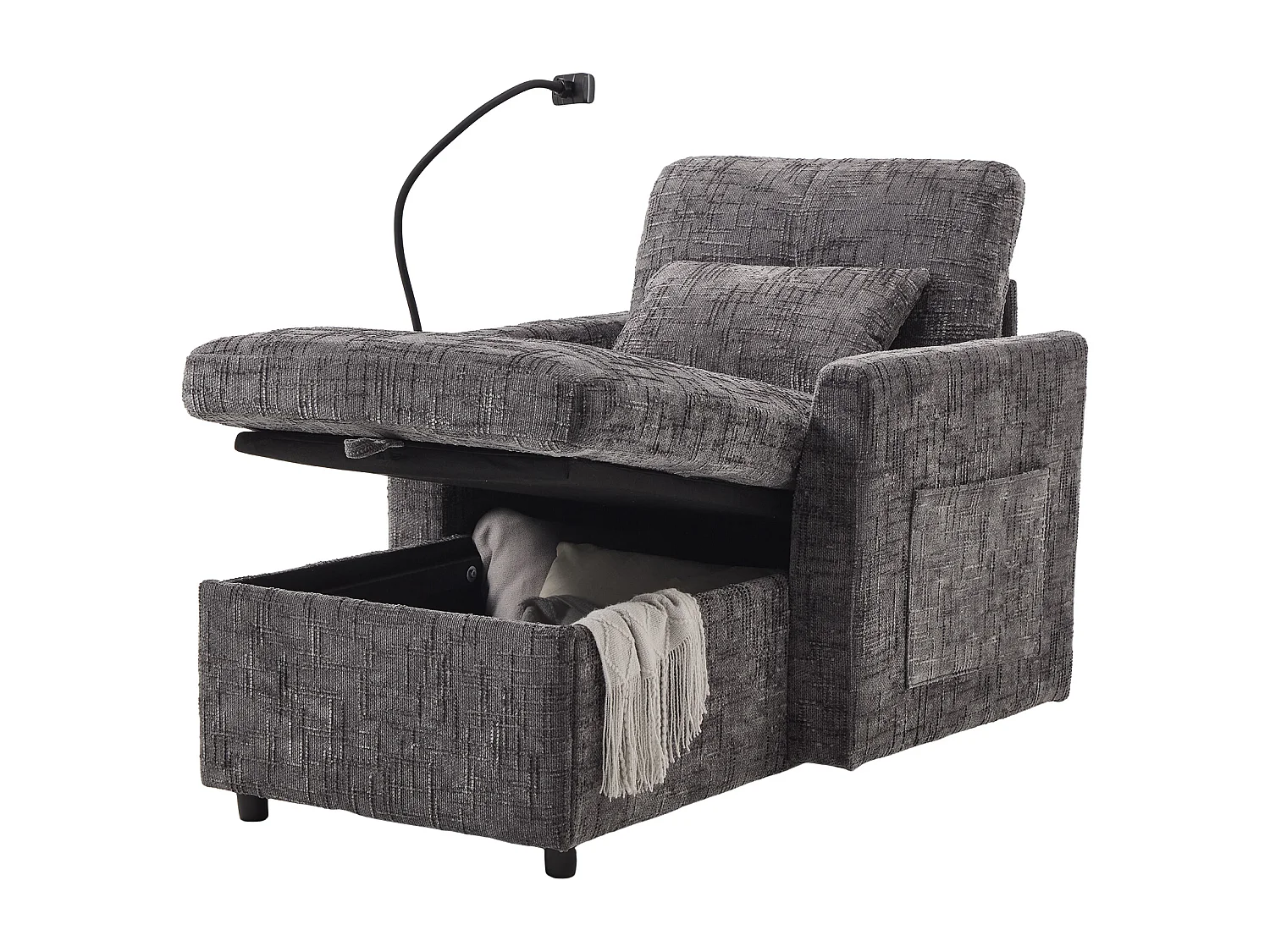 Canapé simple avec rangement, poches latérales et support pour téléphone - Chenille grise