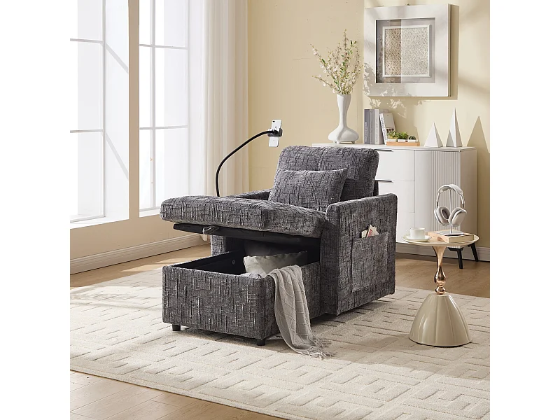 Einzel-Loungesofa mit Stauraum, Seitentaschen und Handyhalter - Chenille grau