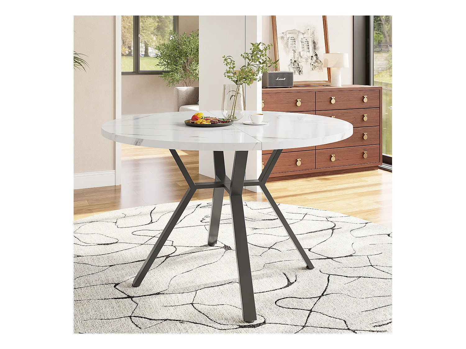 Table à manger ronde avec plateau en MDF effet marbre et pieds en métal noir - pour salles à manger et salon