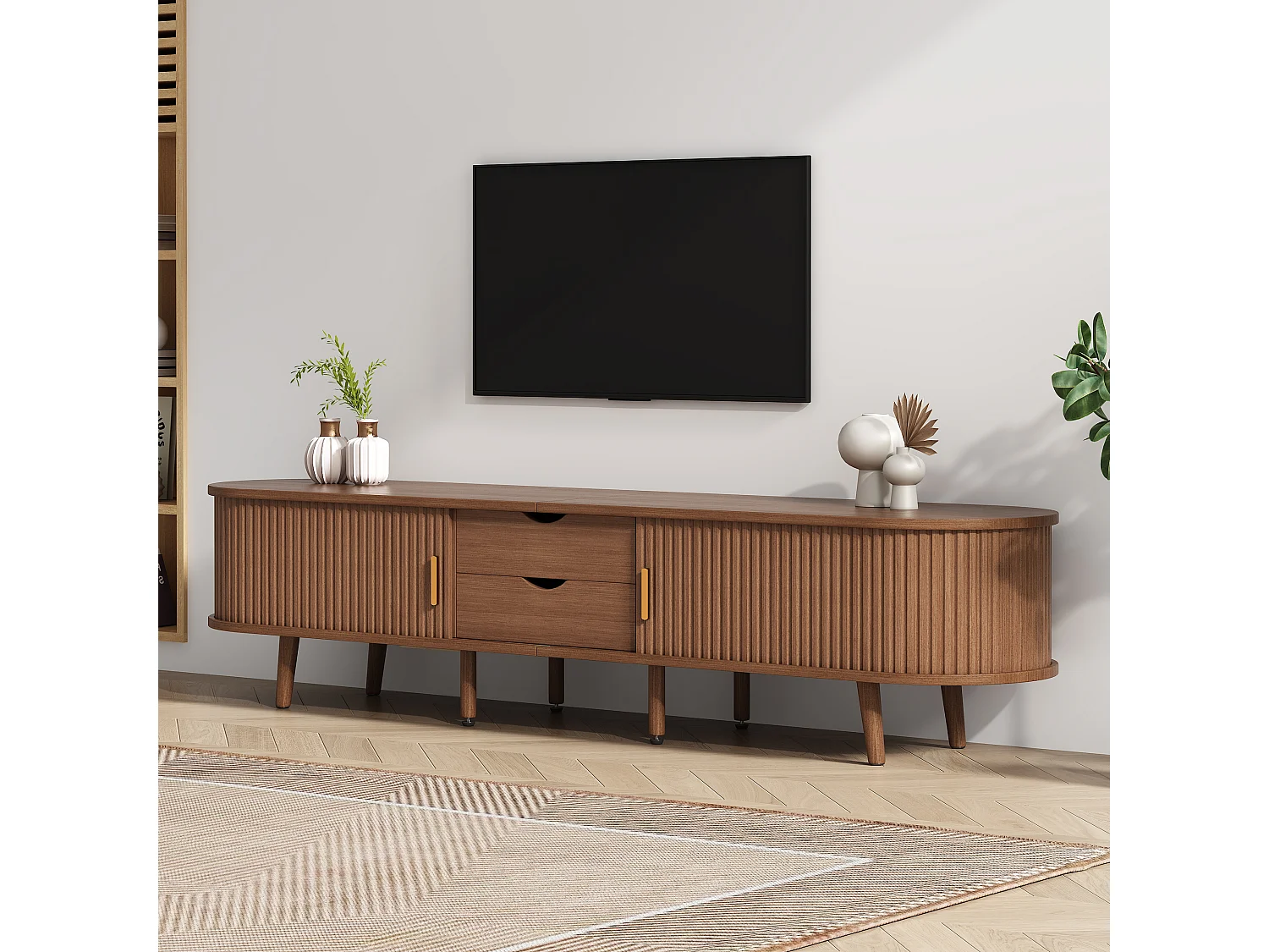 TV-meubel 175 cm met 2 lades en opbergruimte, MDF-blad – Noten