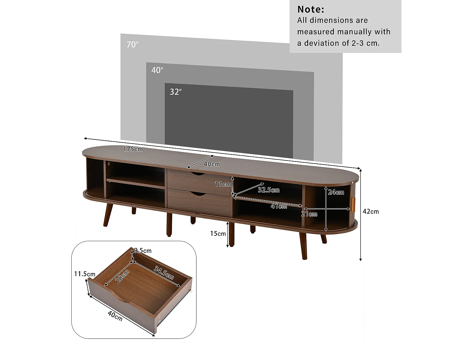 TV-meubel 175 cm met 2 lades en opbergruimte, MDF-blad – Noten