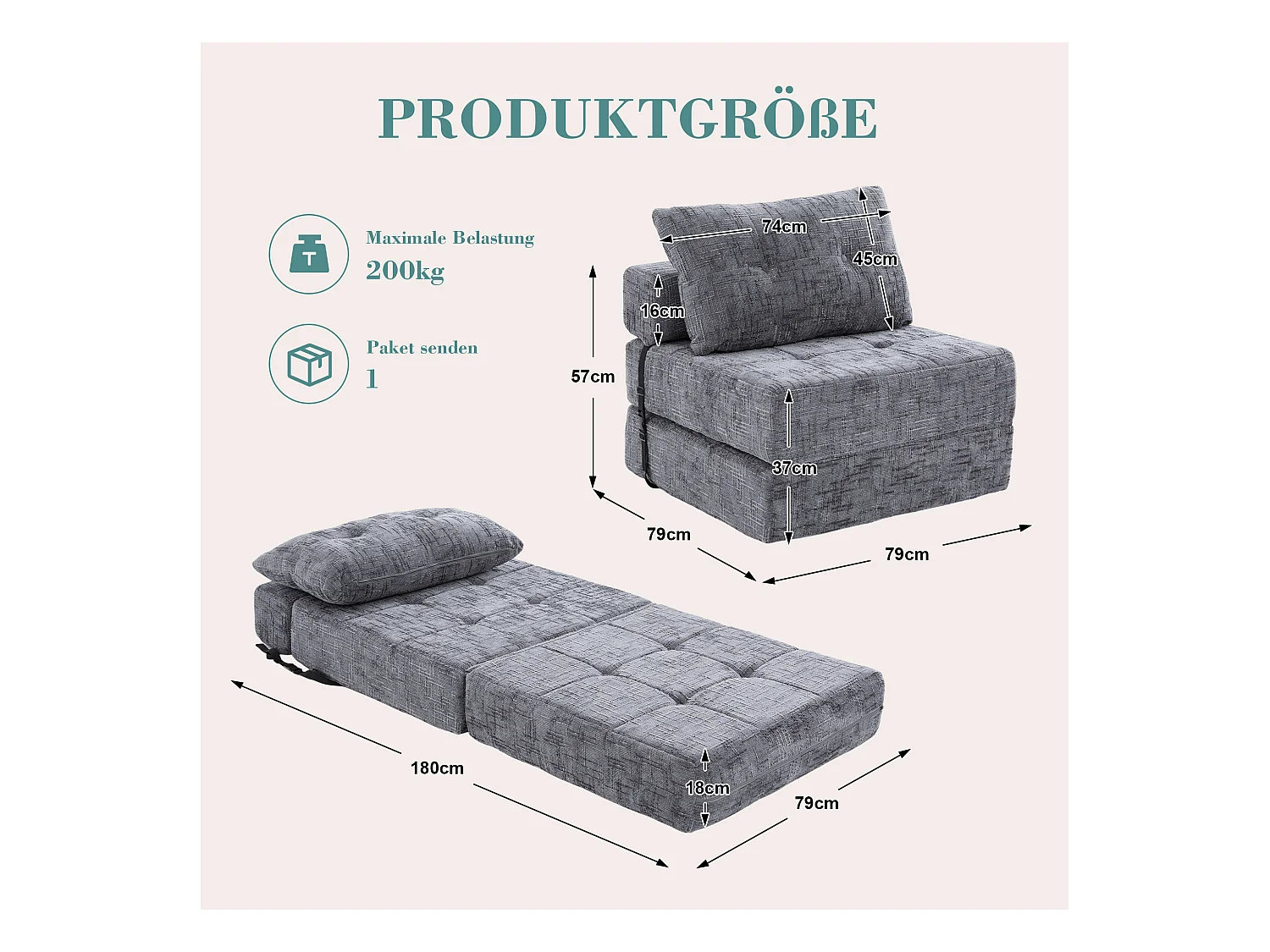 Converteerbare bank met lendensteun en hoofdsteun, grijze chenille - voor woonkamer en slaapkamer