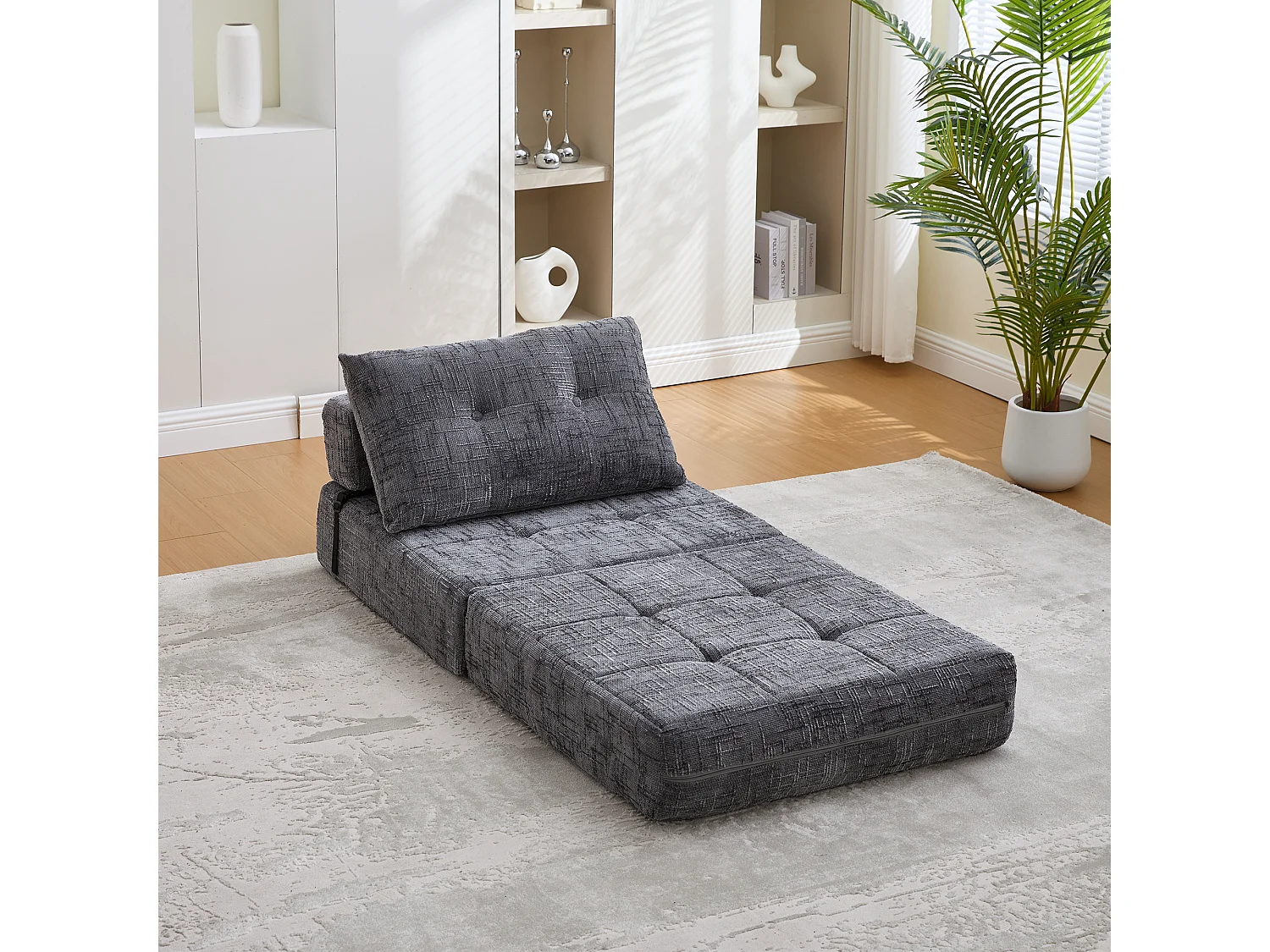 Canapé convertible avec coussins lombaires et appui-tête, chenille grise - pour salon et chambre