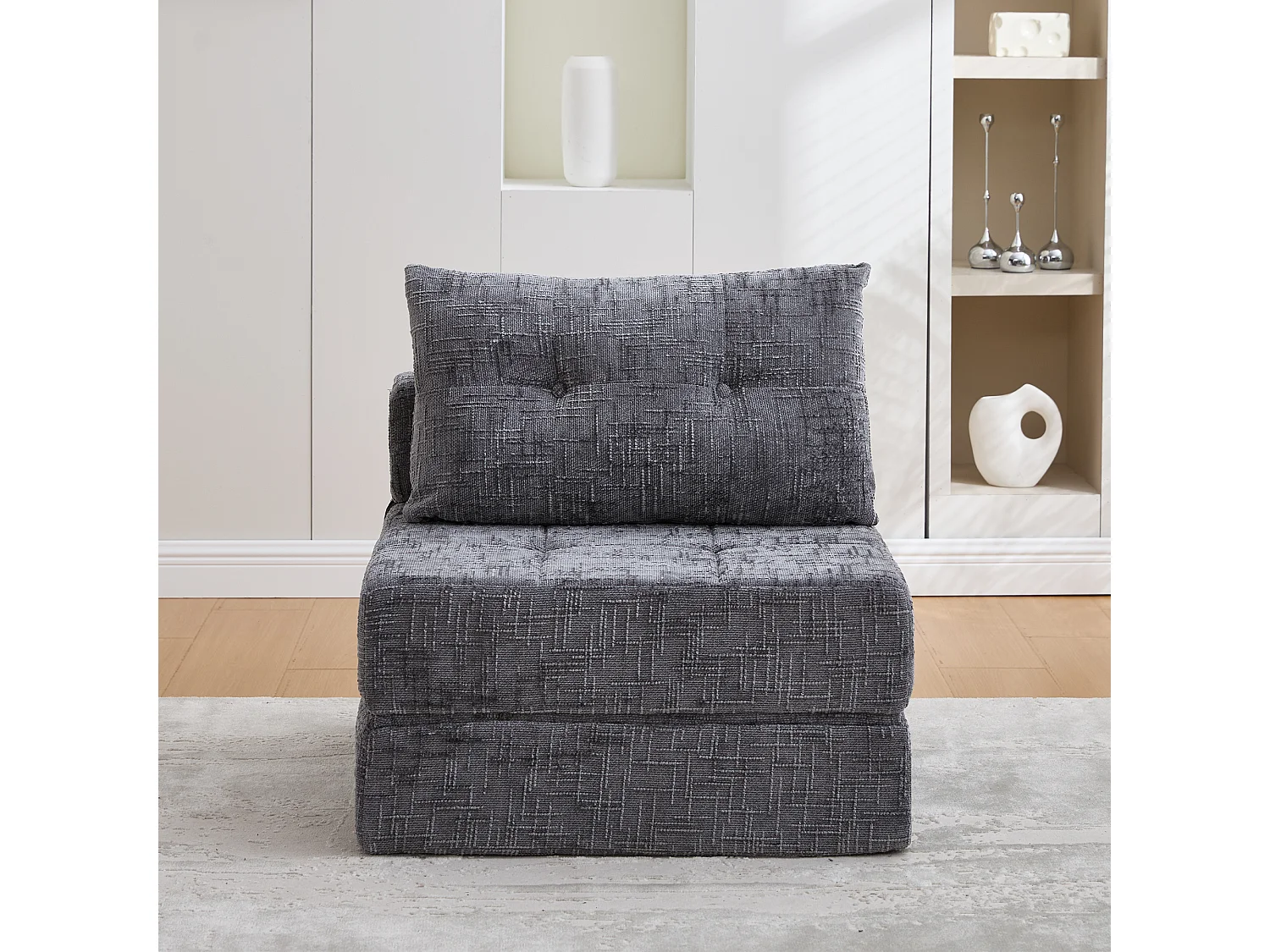 Canapé convertible avec coussins lombaires et appui-tête, chenille grise - pour salon et chambre