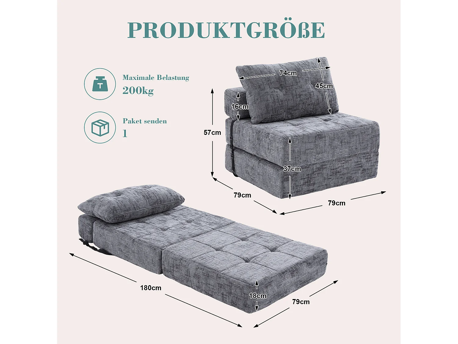 Canapé convertible avec coussins lombaires et appui-tête, chenille grise - pour salon et chambre