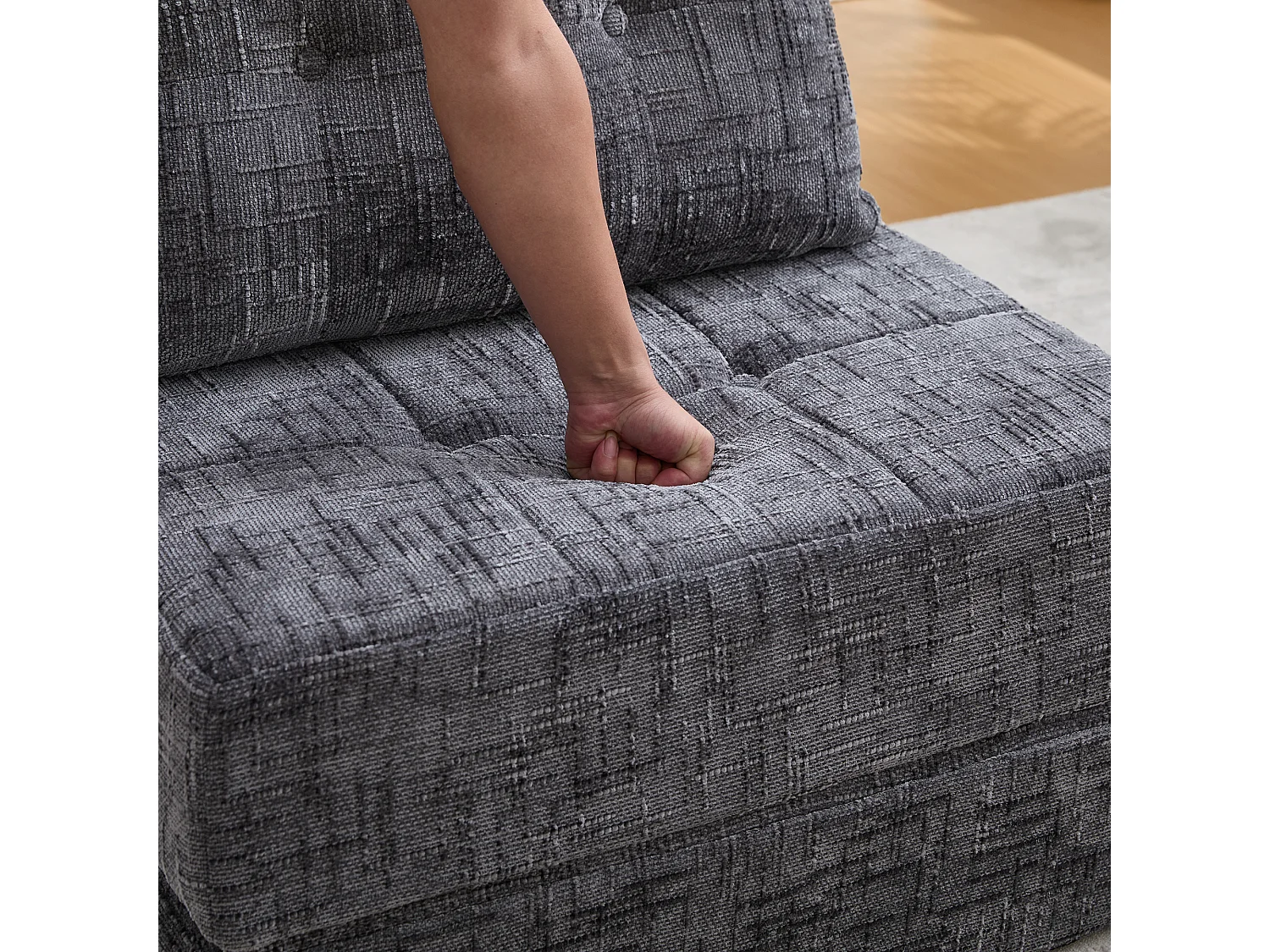 Canapé convertible avec coussins lombaires et appui-tête, chenille grise - pour salon et chambre