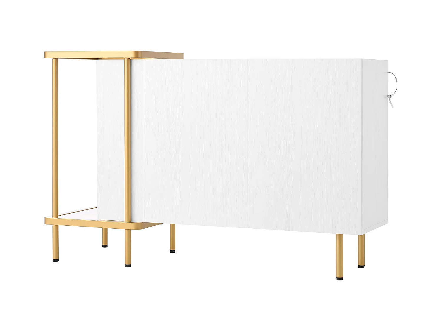 Buffet blanc avec 2 portes et 2 compartiments ouverts, pieds en métal doré - pour salon