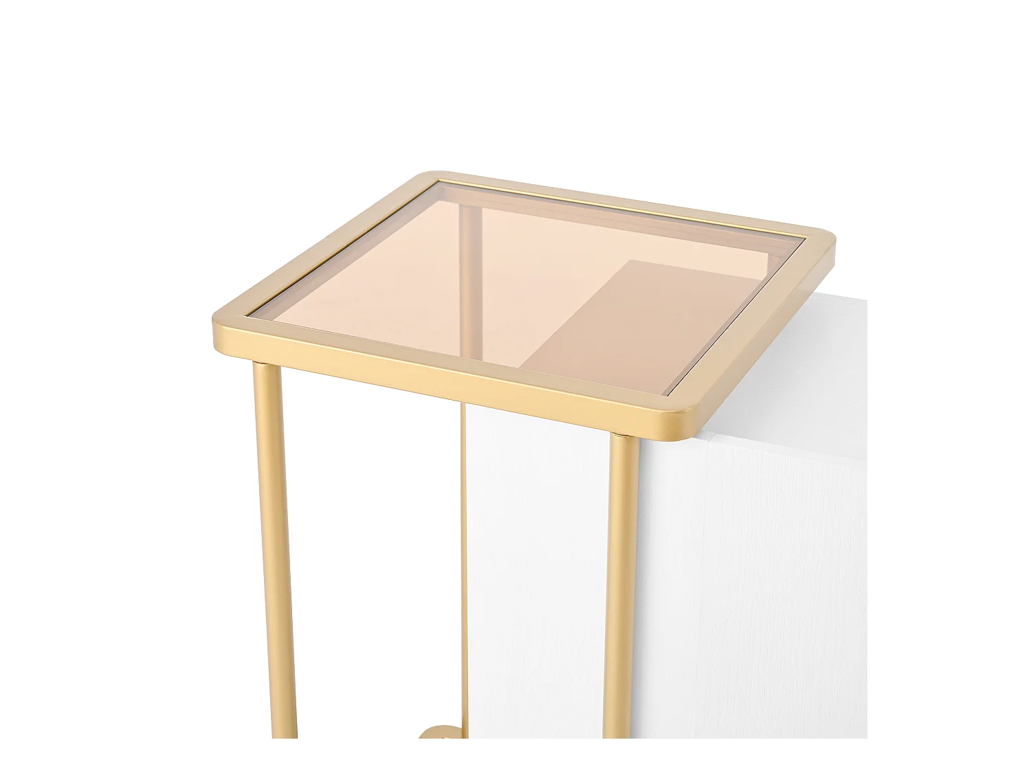 Buffet blanc avec 2 portes et 2 compartiments ouverts, pieds en métal doré - pour salon