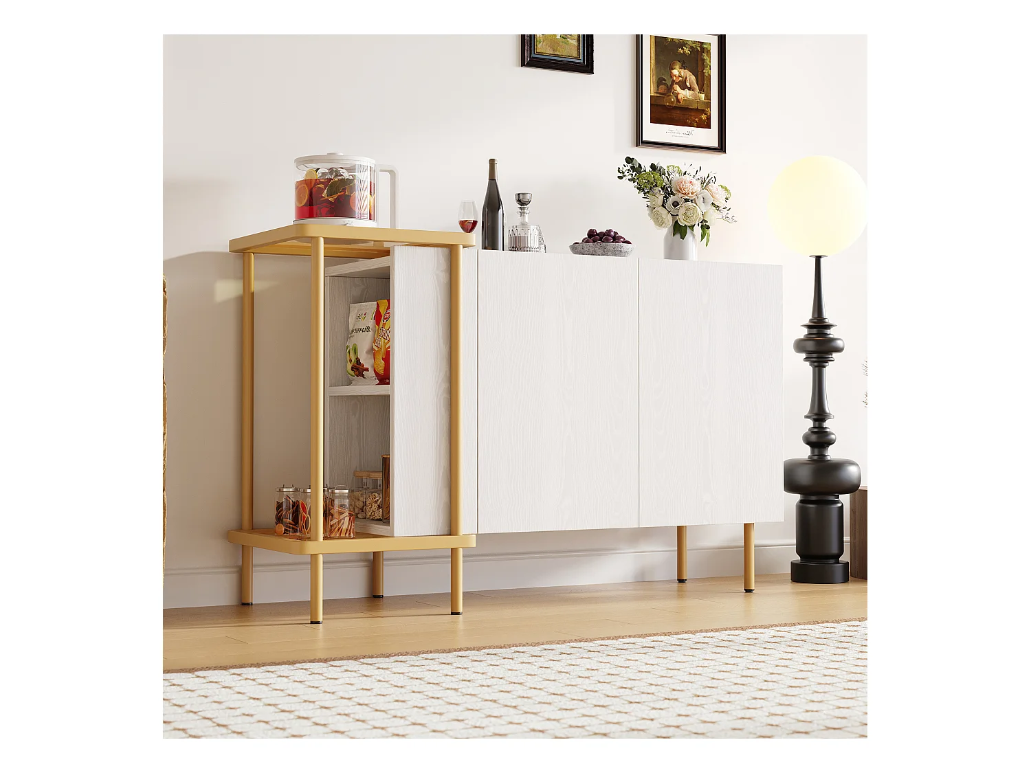 Buffet blanc avec 2 portes et 2 compartiments ouverts, pieds en métal doré - pour salon