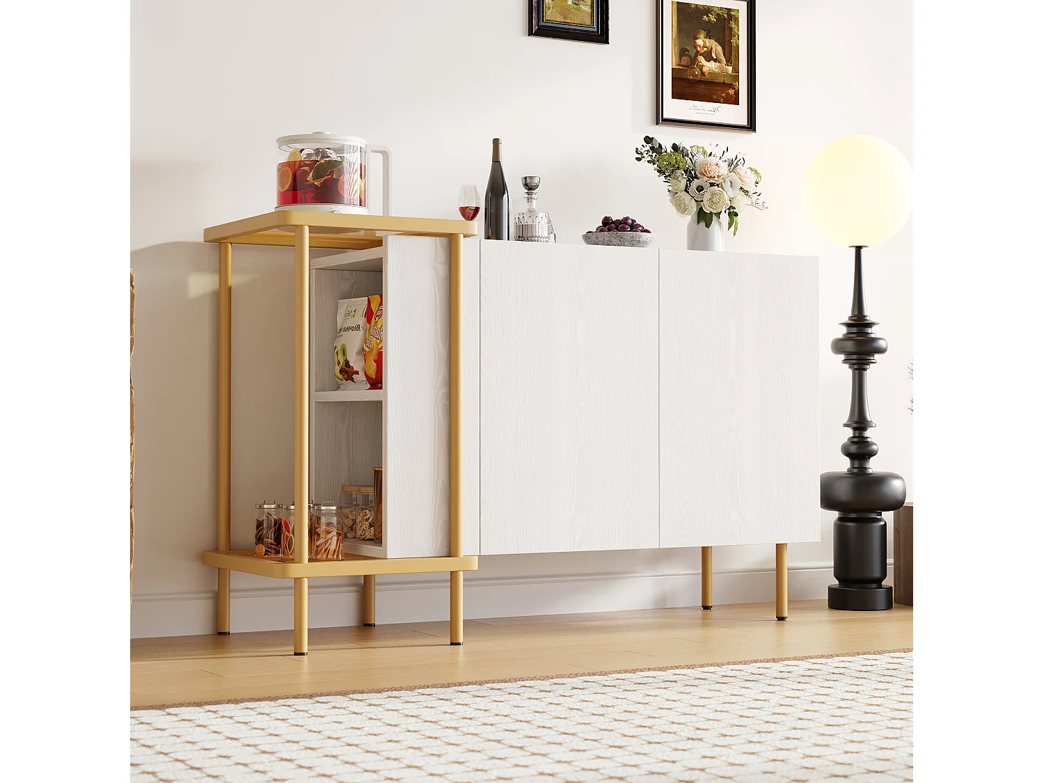 Buffet blanc avec 2 portes et 2 compartiments ouverts, pieds en métal doré - pour salon