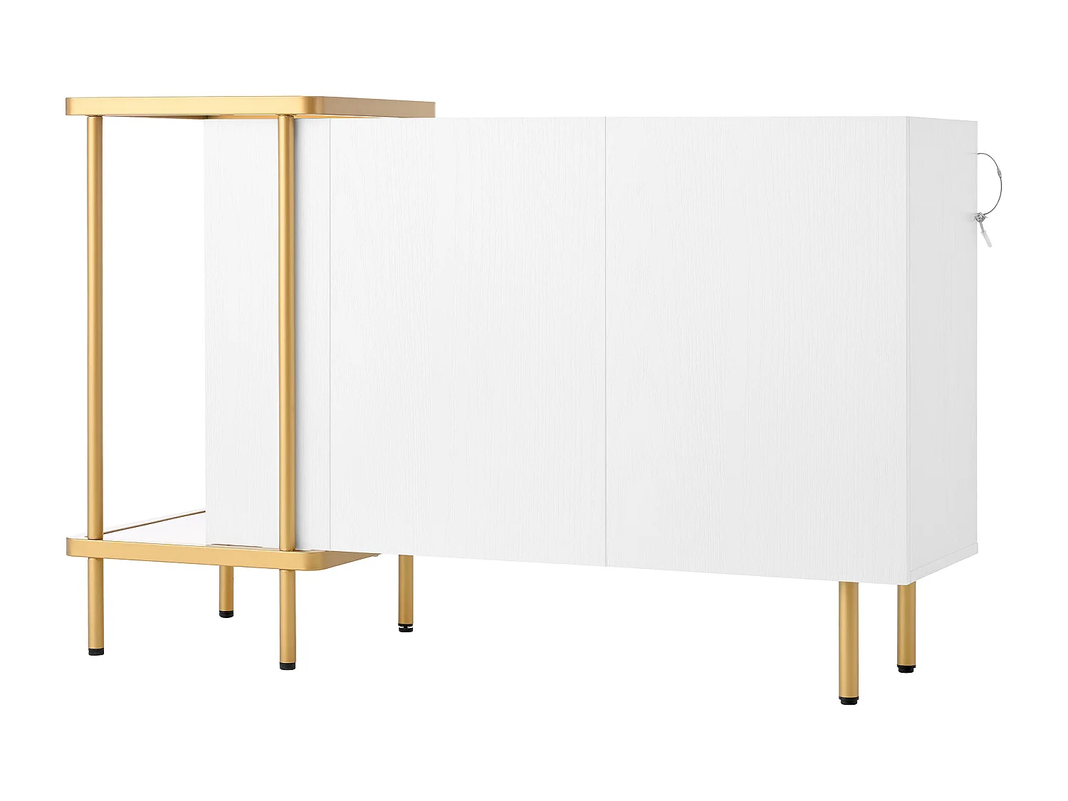 Buffet blanc avec 2 portes et 2 compartiments ouverts, pieds en métal doré - pour salon