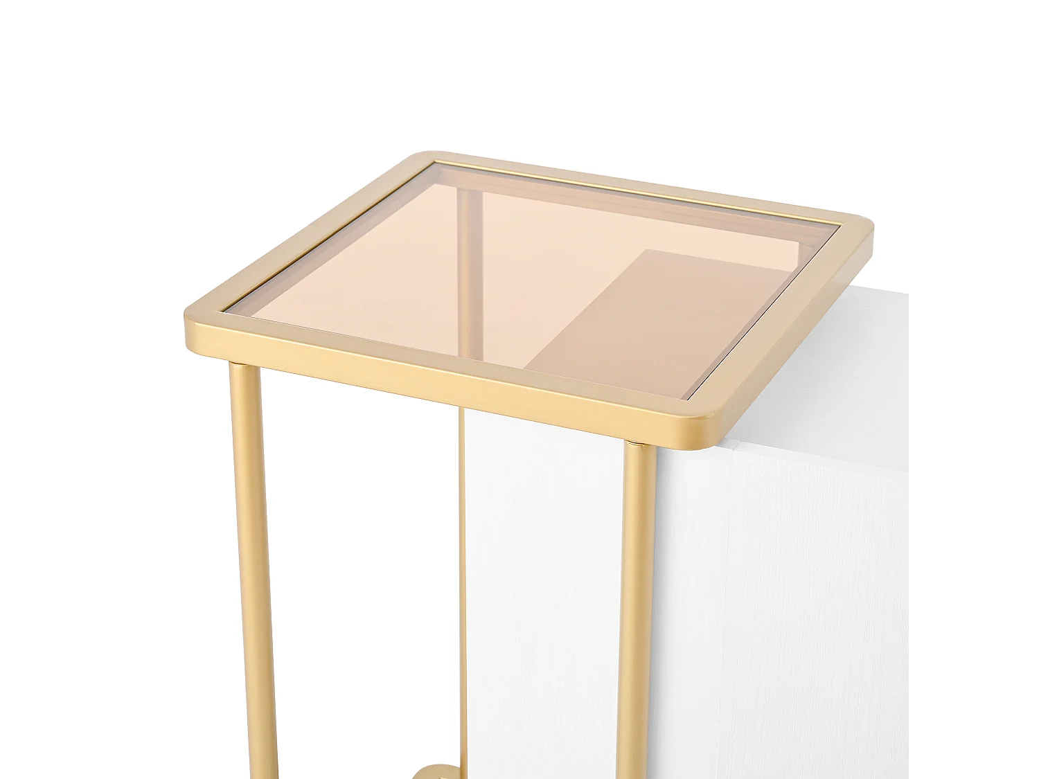 Buffet blanc avec 2 portes et 2 compartiments ouverts, pieds en métal doré - pour salon