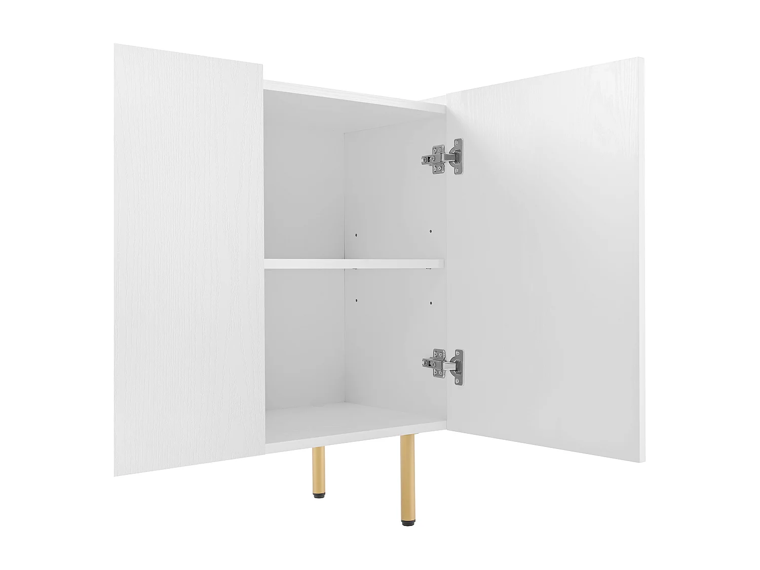 Buffet blanc avec 2 portes et 2 compartiments ouverts, pieds en métal doré - pour salon